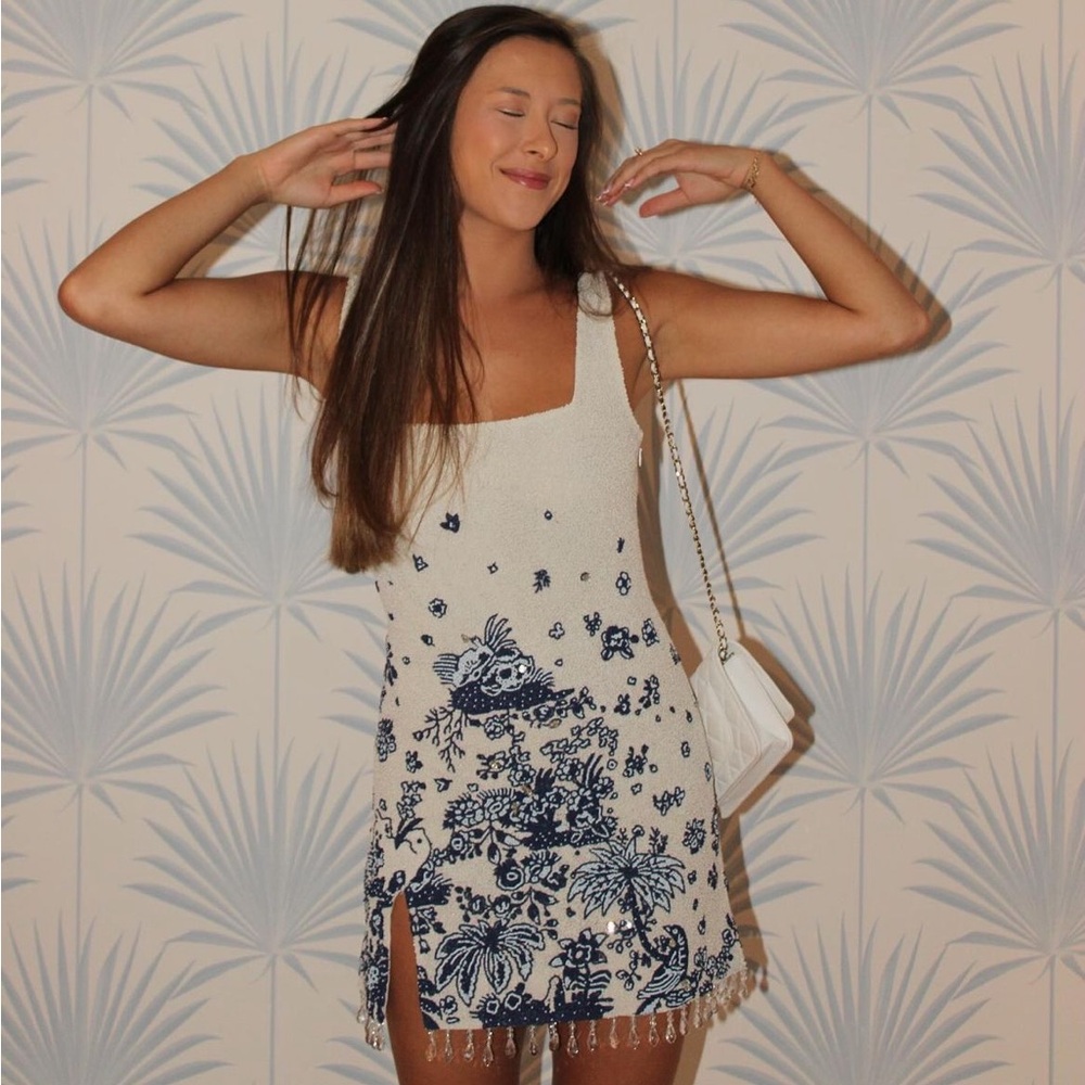 STAUD Le Sable Hand Beaded Mini Dress Blue Toile